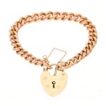 9Carat Rose Gold 6.75" Graduated Curb Bracelet w/ Safety Chain & 9Carat Yellow Gold Heart Padlock (6-9mm & 18x25mm)