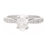 18Carat White Gold 1.02ct Oval Cut Diamond Solitaire w/ 0.21ct Accents Ring (Size G 1/2) 5x7mm Head