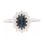18Carat White Gold 1.00ct Sapphire & 0.15ct Diamond Cluster Ring (Size J 1/2) 9x11mm