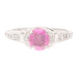 18Carat White Gold Pink Sapphire Solitaire w/ Diamond Accents Ring (Size K 1/2) 5x6mm Head