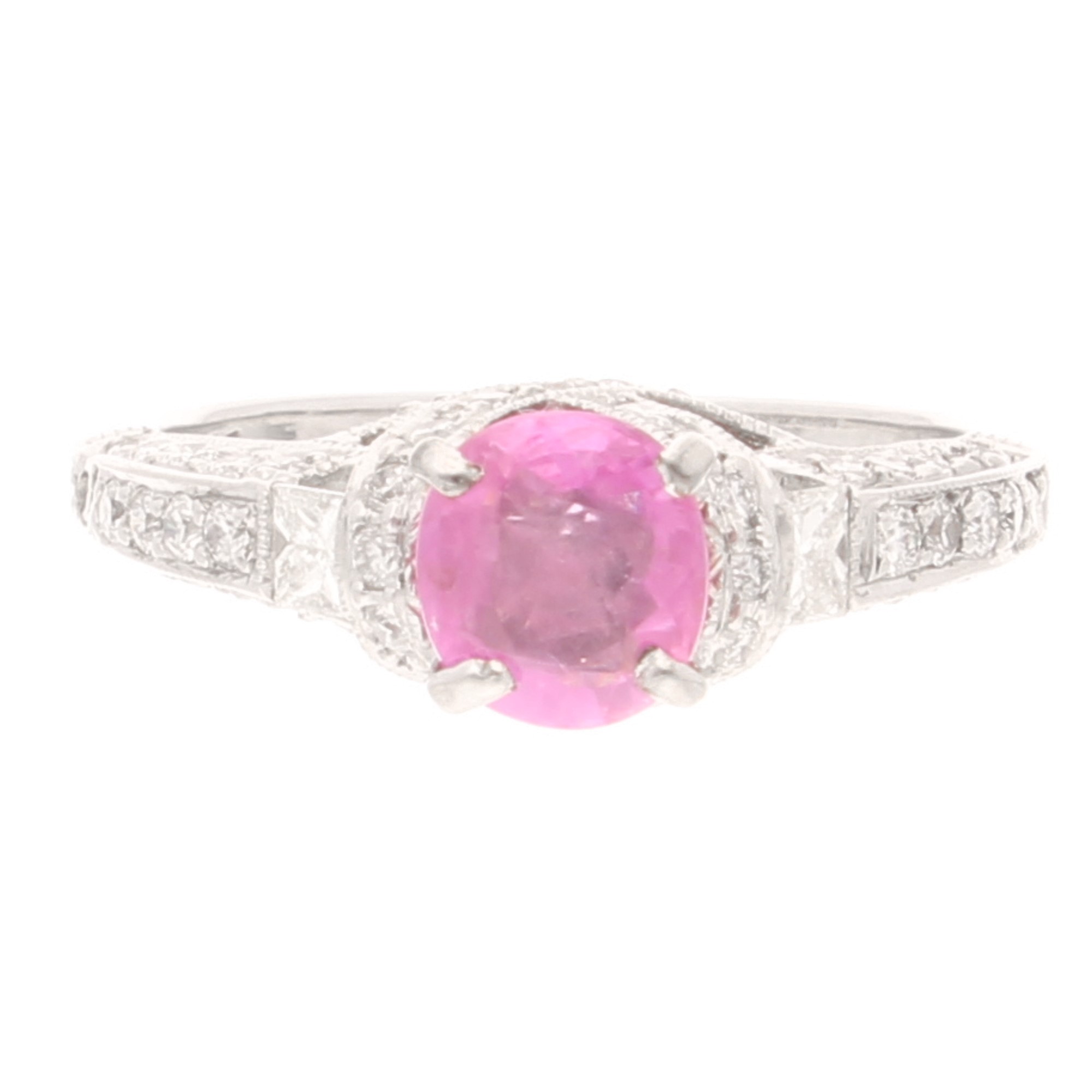 18Carat White Gold Pink Sapphire Solitaire w Diamond Accents Ring (Size K 12) 5x6mm Head (1) 18Carat White Gold Pink Sapphire Solitaire w/ Diamond Accents Ring (Size K 1/2) 5x6mm Head - Image 1