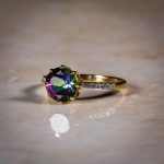 9Carat Yellow Gold Mystic Topaz Solitaire w/ Diamond Accents Ring (Size N) 8mm Head - Image 2