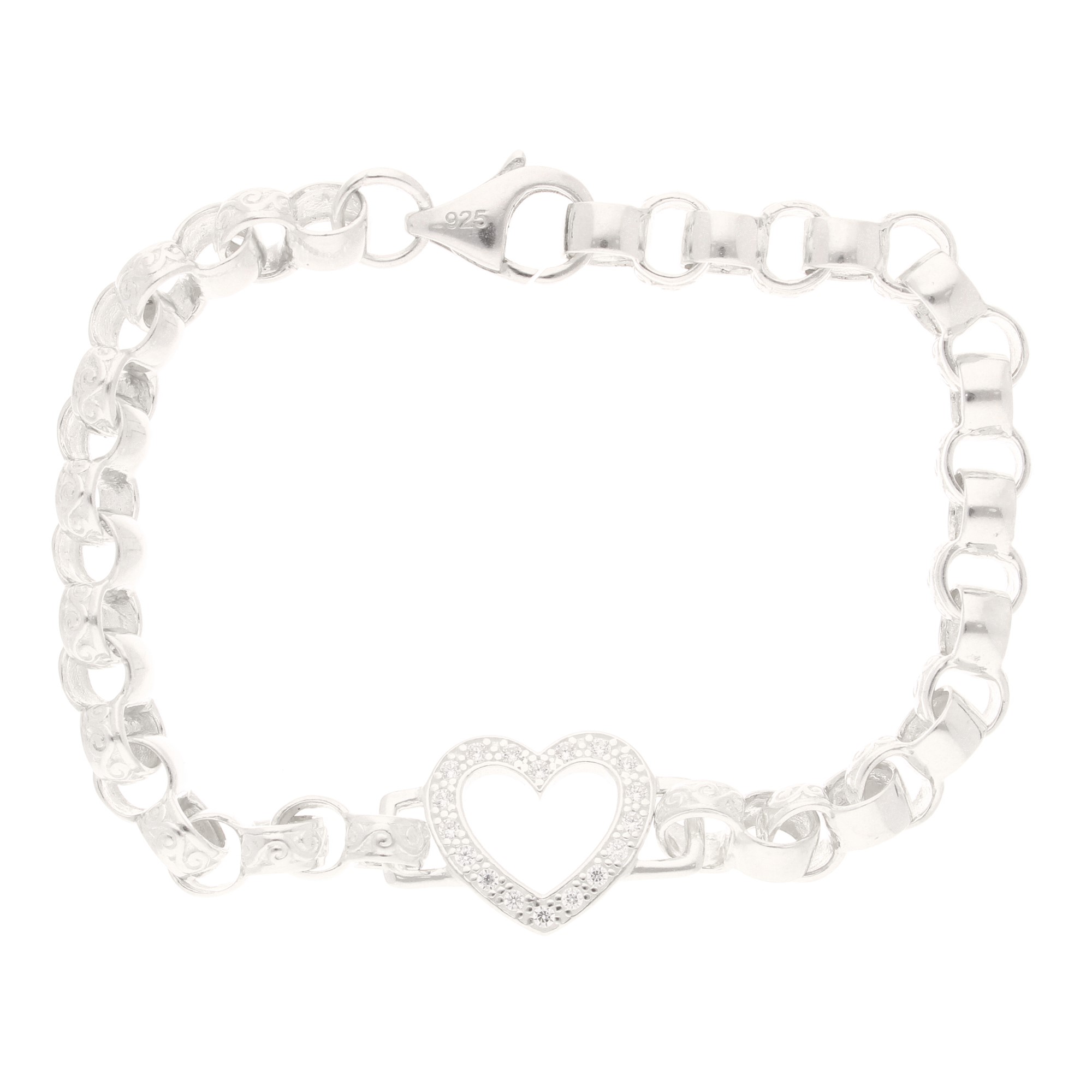 New! Sterling Silver 7.75 Simulated Diamond Heart Patterned Belcher Bracelet (5.5mm Wide & 14x16mm) (1) New! Sterling Silver 7.75" Simulated Diamond Heart Patterned Belcher Bracelet (5.5mm Wide & 14x16mm) - Image 1