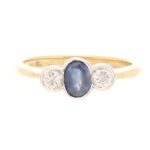 18Carat Yellow Gold Sapphire Solitaire w/ Diamond Accents Ring (Size N 1/2) 3.5x6.5mm Head