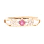Vintage 9Carat Yellow Gold Ruby & Diamond Three-Stone Ring (Size K 1/2) 4mm Widest