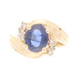 14Carat Yellow Gold 1.45tcw Sapphire Solitaire w/ Diamond Accents Ring (Size L 1/2) 6.5x8mm Head