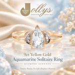 9Carat Yellow Gold Aquamarine Solitaire w/ Diamond Accents Ring (Size N) 5.5x9mm Head - Image 2