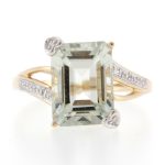 9Carat Yellow Gold Green Amethyst Solitaire w/ Diamond Accents Ring (Size N) 8x11mm Head
