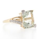 9Carat Yellow Gold Green Amethyst Solitaire w/ Diamond Accents Ring (Size N) 8x11mm Head - Image 4