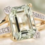 9Carat Yellow Gold Green Amethyst Solitaire w/ Diamond Accents Ring (Size N) 8x11mm Head - Image 10