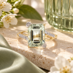 9Carat Yellow Gold Green Amethyst Solitaire w/ Diamond Accents Ring (Size N) 8x11mm Head - Image 8