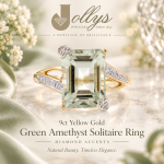 9Carat Yellow Gold Green Amethyst Solitaire w/ Diamond Accents Ring (Size N) 8x11mm Head - Image 2