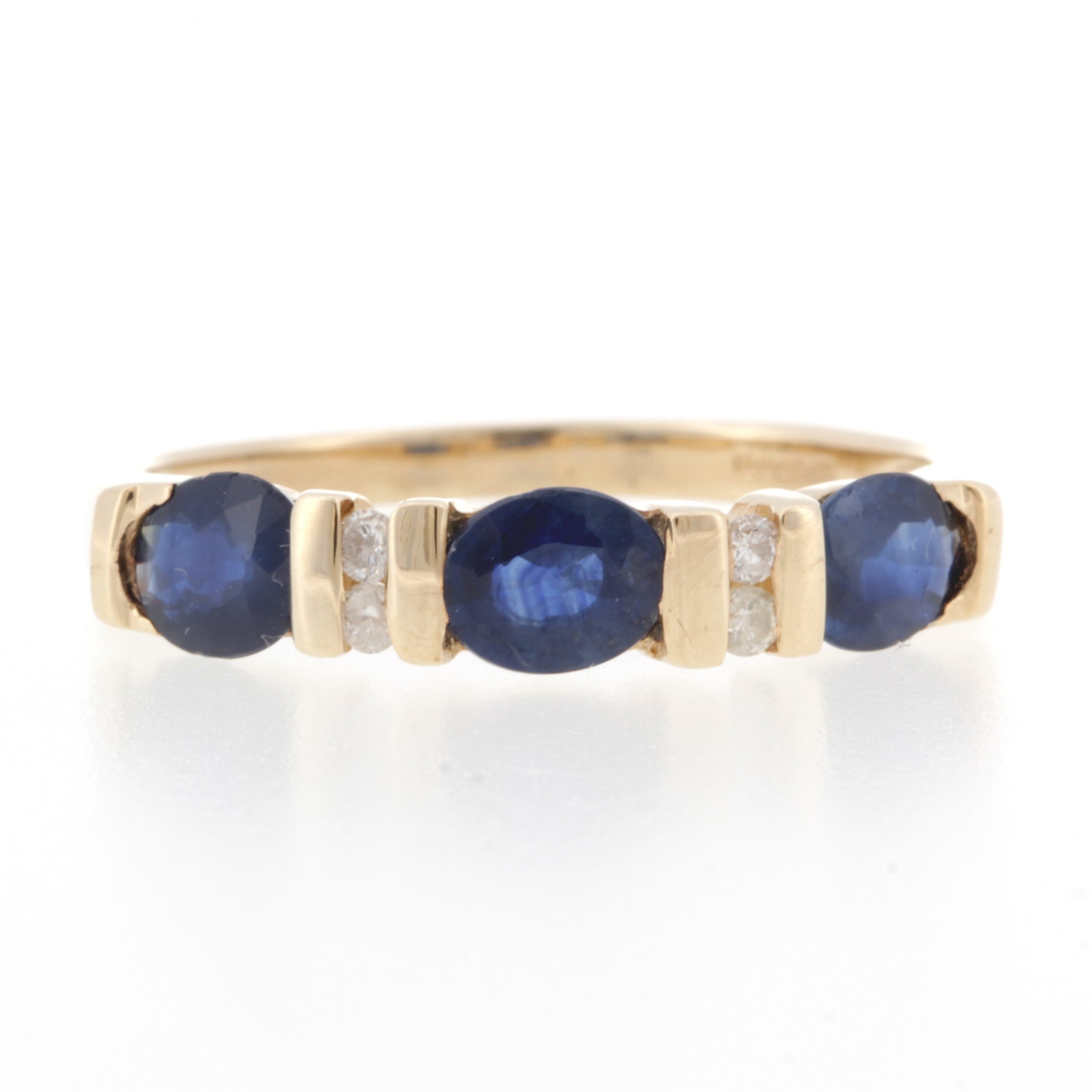 9Carat Yellow Gold Sapphire & Diamond Three-Stone w Diamond Accents Ring (Size N) 4mm Wide (1) 9Carat Yellow Gold Sapphire & Diamond Three-Stone w/ Diamond Accents Ring (Size N) 4mm Wide - Image 1