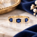 9Carat Yellow Gold Sapphire & Diamond Three-Stone w/ Diamond Accents Ring (Size N) 4mm Wide - Image 9