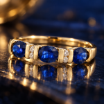9Carat Yellow Gold Sapphire & Diamond Three-Stone w/ Diamond Accents Ring (Size N) 4mm Wide - Image 10
