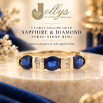 9Carat Yellow Gold Sapphire & Diamond Three-Stone w/ Diamond Accents Ring (Size N) 4mm Wide - Image 2
